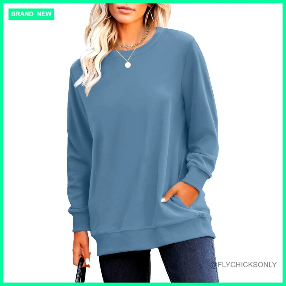 Women's Long Sleeve Crewneck Sweatshirt with Pockets Tunic Length Pullover